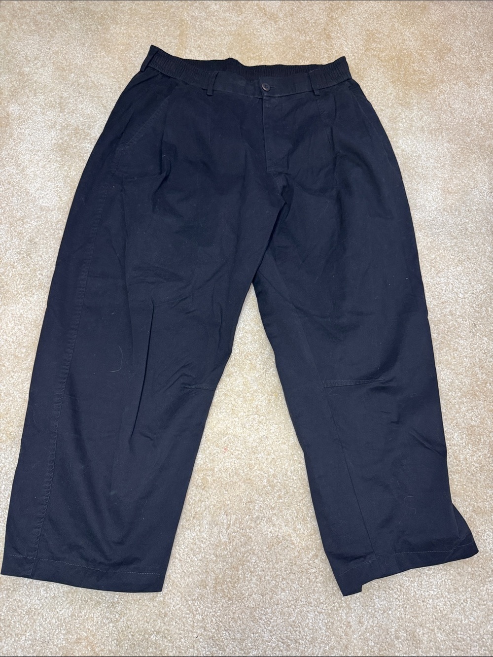 Japanese made Men's Black barrel-Leg Pants expanding waist. 30-33x29. Hemmed